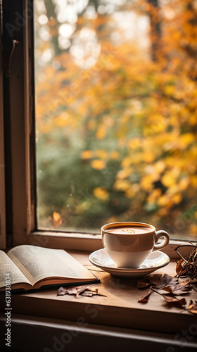 cup of coffee by a window with a view to autumn trees, cozy hygge atmosphere, vertical banner with copy space, for Instagram story