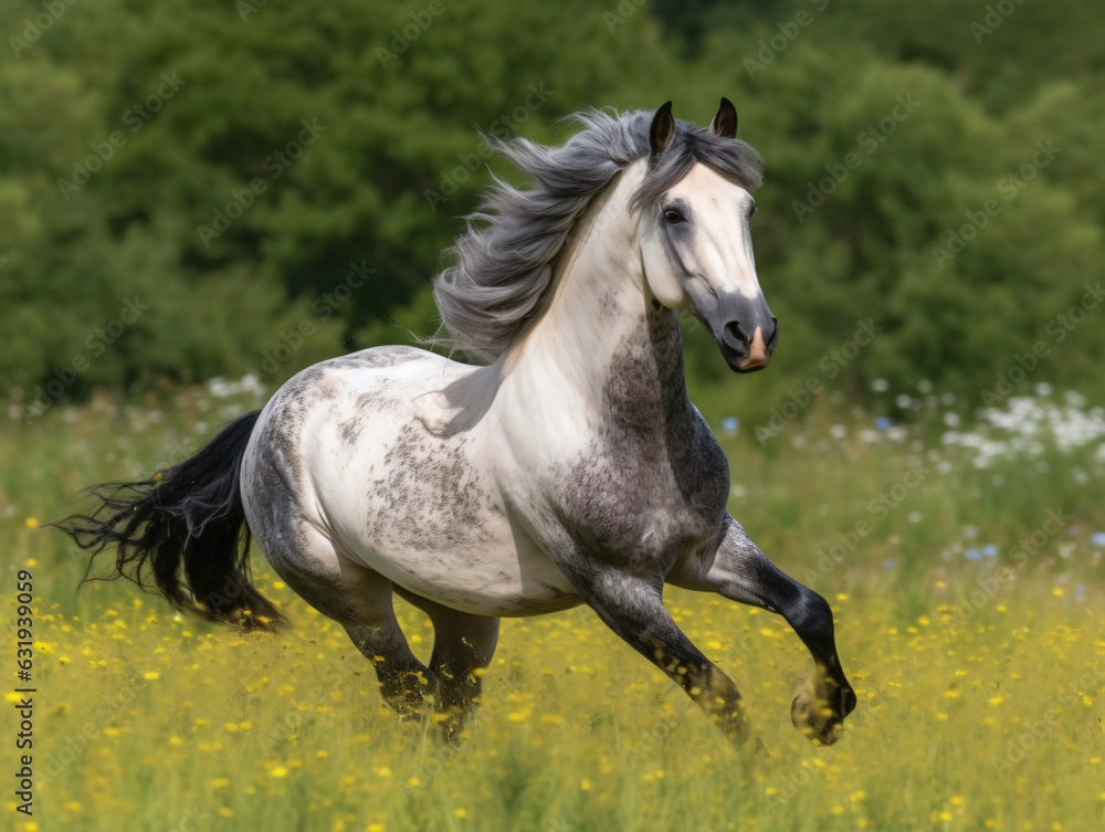 A regal horse galloping through a meadow A regal horse galloping through a meadow