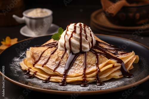 Crepe with ice cream and chocolate drizzle generative AI