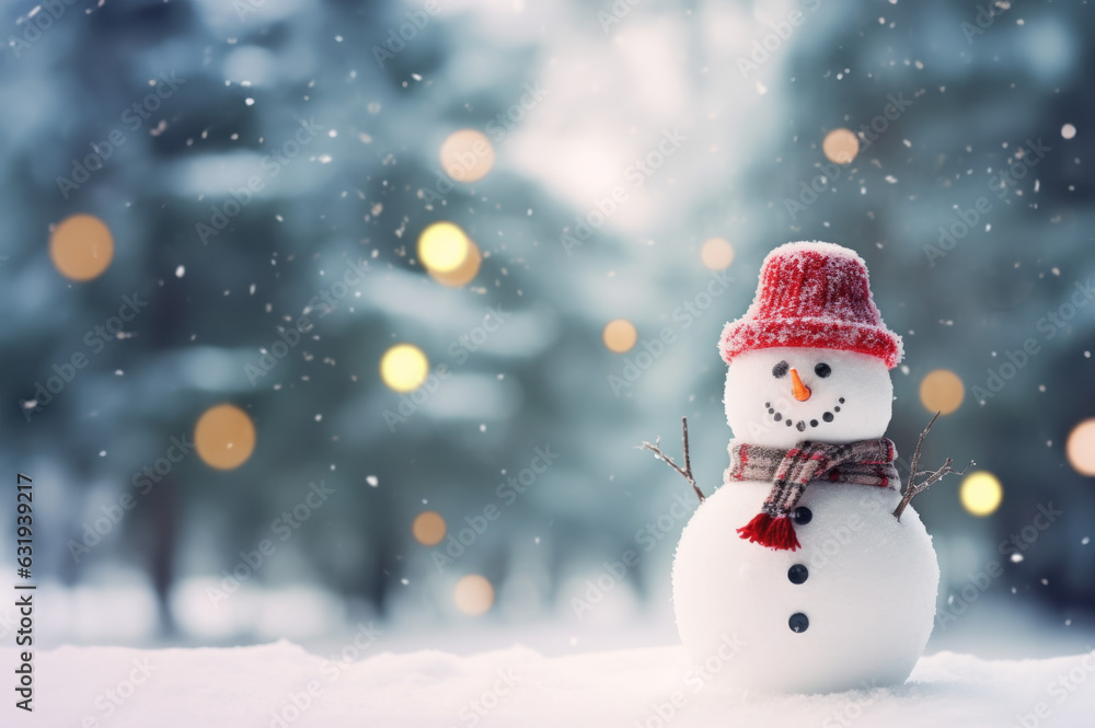 Merry christmas and happy new year greeting card with copy-space. Happy snowman standing in christmas landscape. Snow background. Winter fairytale created with Generative AI technology