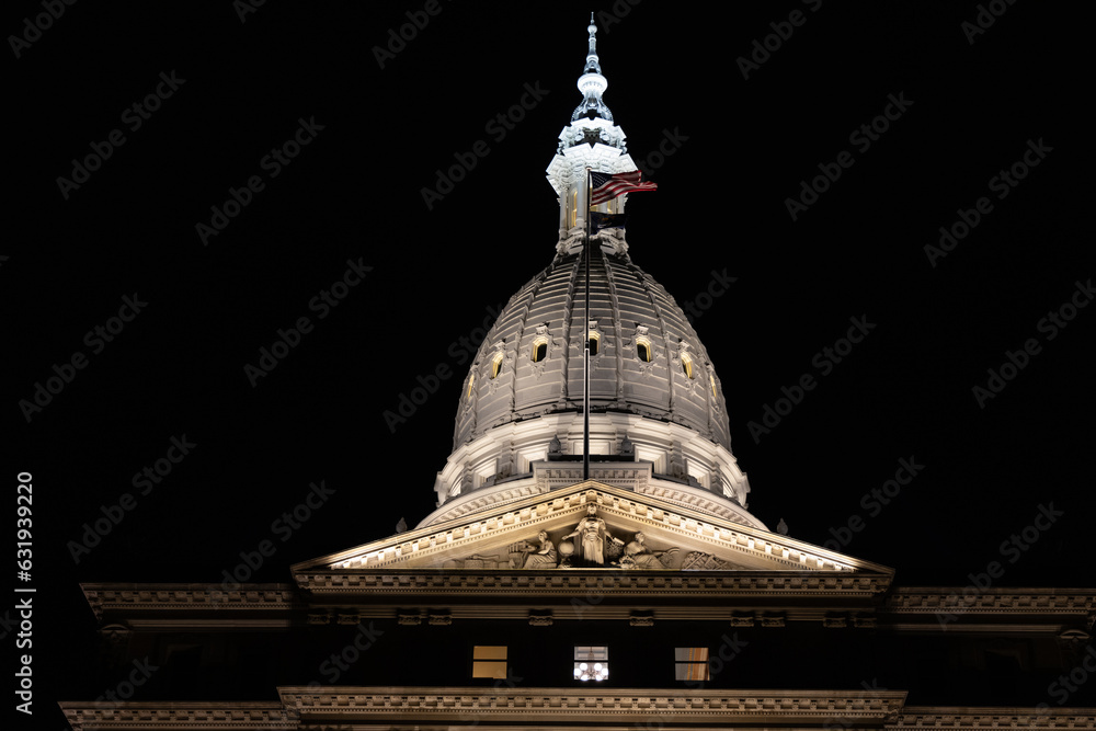 Michigan state capitol building at night.