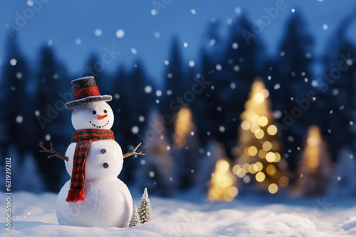 Merry christmas and happy new year greeting card with copy-space. Happy snowman standing in christmas landscape. Snow background. Winter fairytale created with Generative AI technology © Laughing Cat