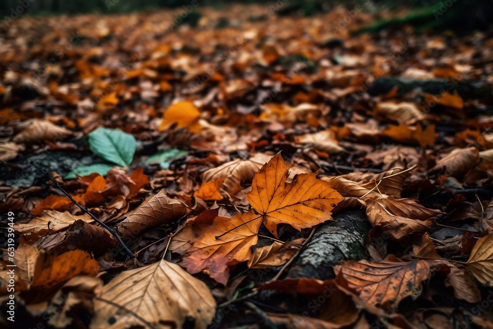 autumn leaves on the ground, fallen pile of maple leaves and dry leaves, banner, closeup, with space for copy