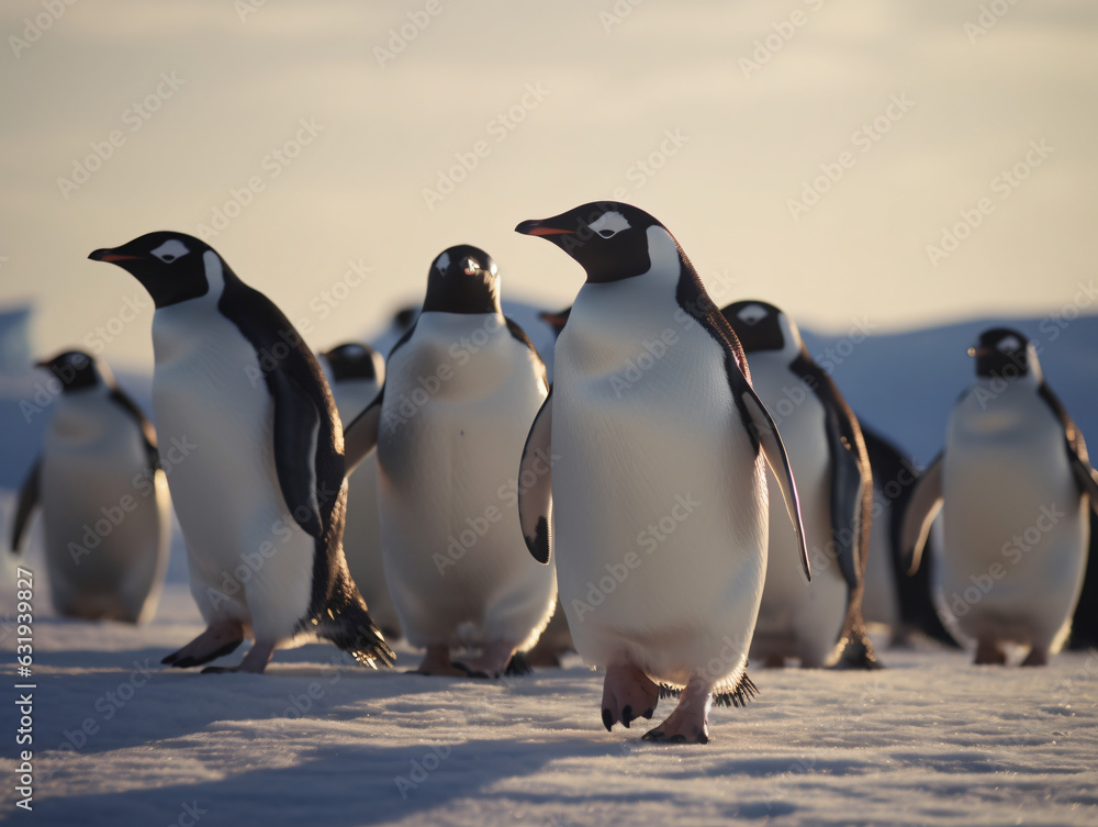 Fototapeta premium A group of penguins waddling on the ice