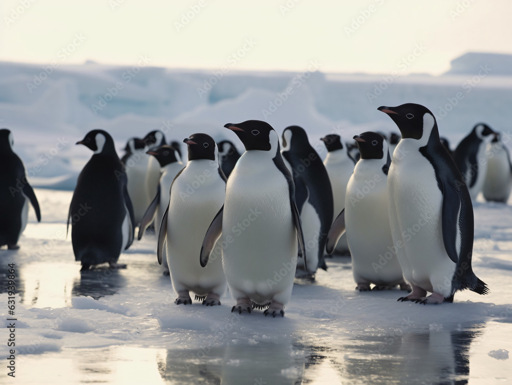 Obraz premium A group of penguins waddling on the ice