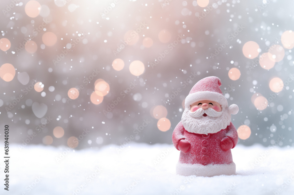 Merry christmas and happy new year greeting card with copy-space. Happy Santa standing in Christmas landscape. Snow background. Winter fairytale created with Generative AI technology Merry christmas and happy new year greeting card with copy-space. Happy Santa standing in Christmas landscape. Snow background. Winter fairytale created with Generative AI technology