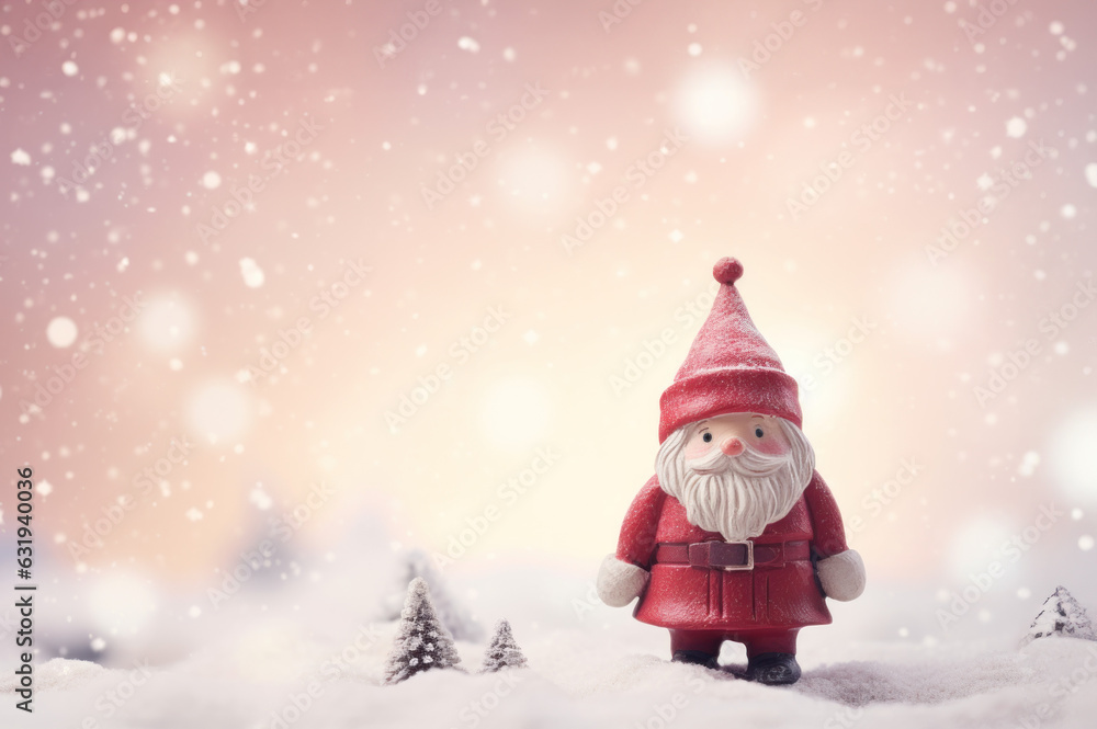 Merry christmas and happy new year greeting card with copy-space. Happy Santa standing in Christmas landscape. Snow background. Winter fairytale created with Generative AI technology