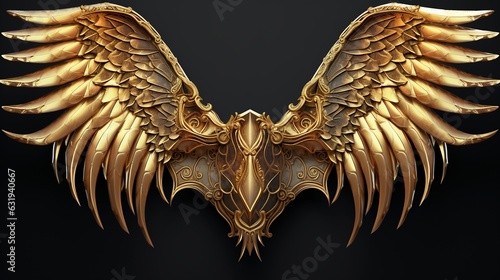Golden shiny angel wings isolated on black background