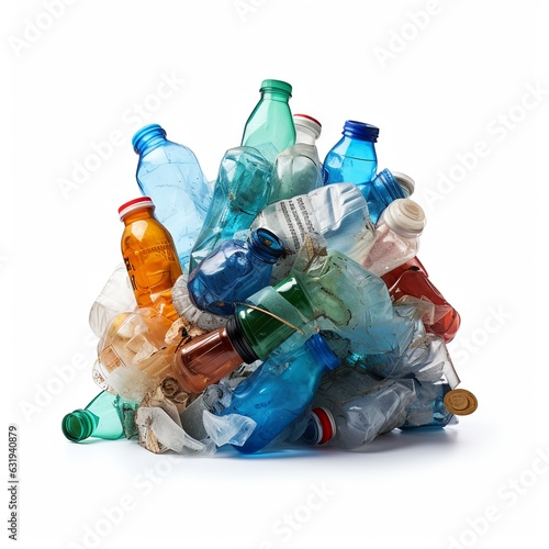 Plastic trash bottles pile isolated on white background