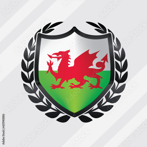 Wales Black Glossy Shield With Leaf Wreath Pride Flag Icon
