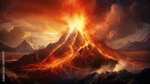 Volcanic mountain in eruption, A large volcano erupting hot lava and gases into the atmosphere.