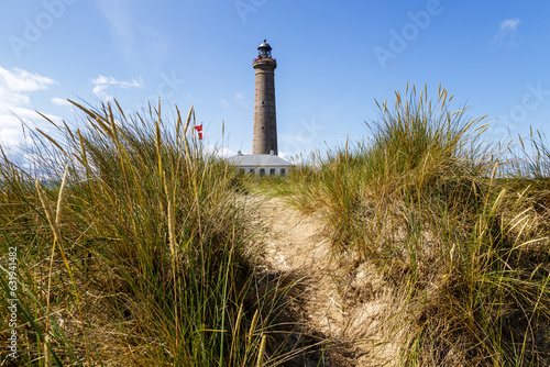 Lighthouse and Sand Dunes in the sun on tehe coast of Skagen, Denmark photo