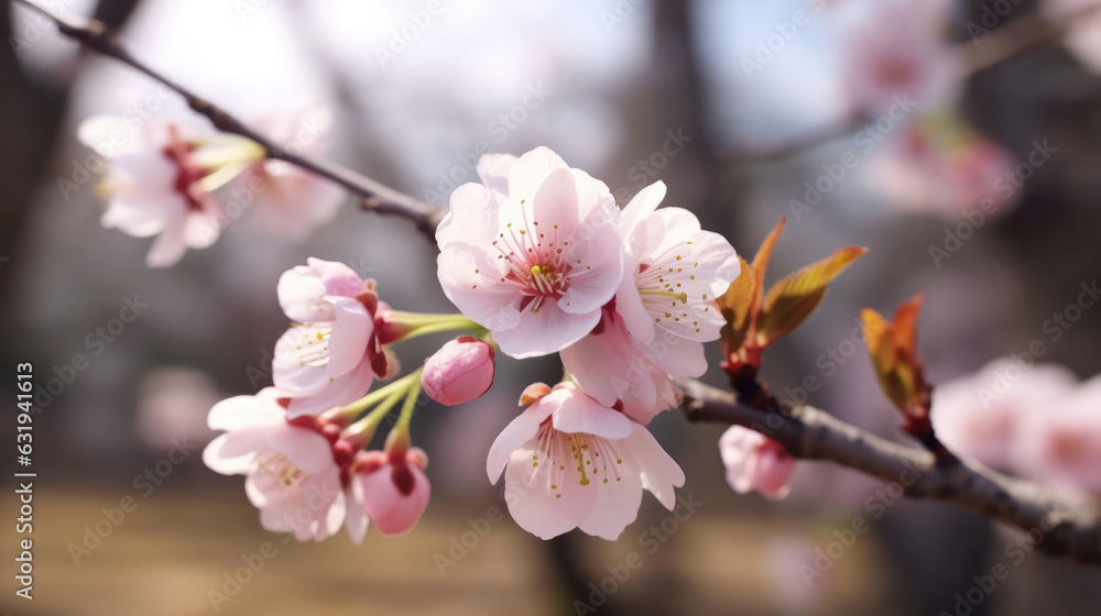 Close-up of a delicate cherry blossom flower blooming on a tree branch during the spring season Close-up of a delicate cherry blossom flower blooming on a tree branch during the spring season