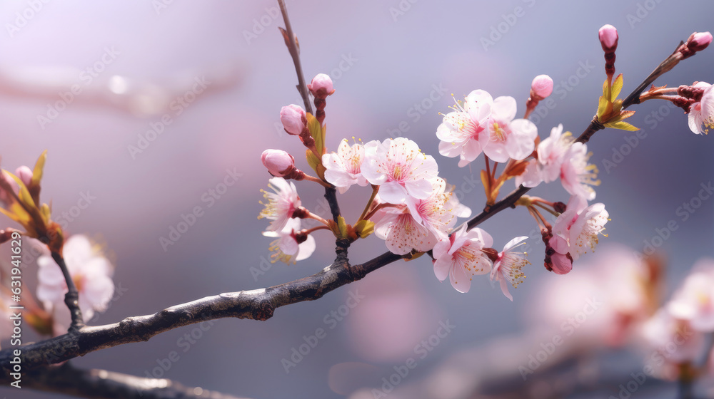 Close-up of a delicate cherry blossom flower blooming on a tree branch during the spring season