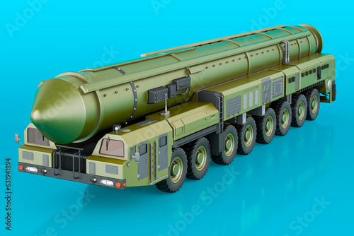 Scud missile, mobile short-range ballistic missile system on blue background, 3D rendering