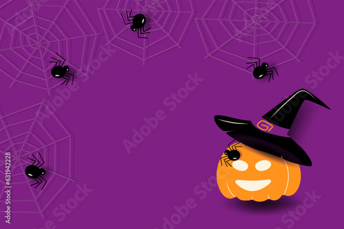 Halloween pumpkin on an abstract background in traditional holiday shades with spiders and cobwebs.