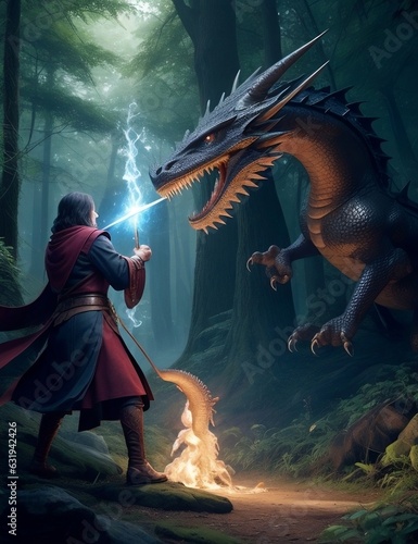 wizard facing a dragon with his magic wand