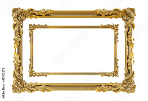 3D render of Decorative golden vintage frames, Golden baroque frame on transparent background.