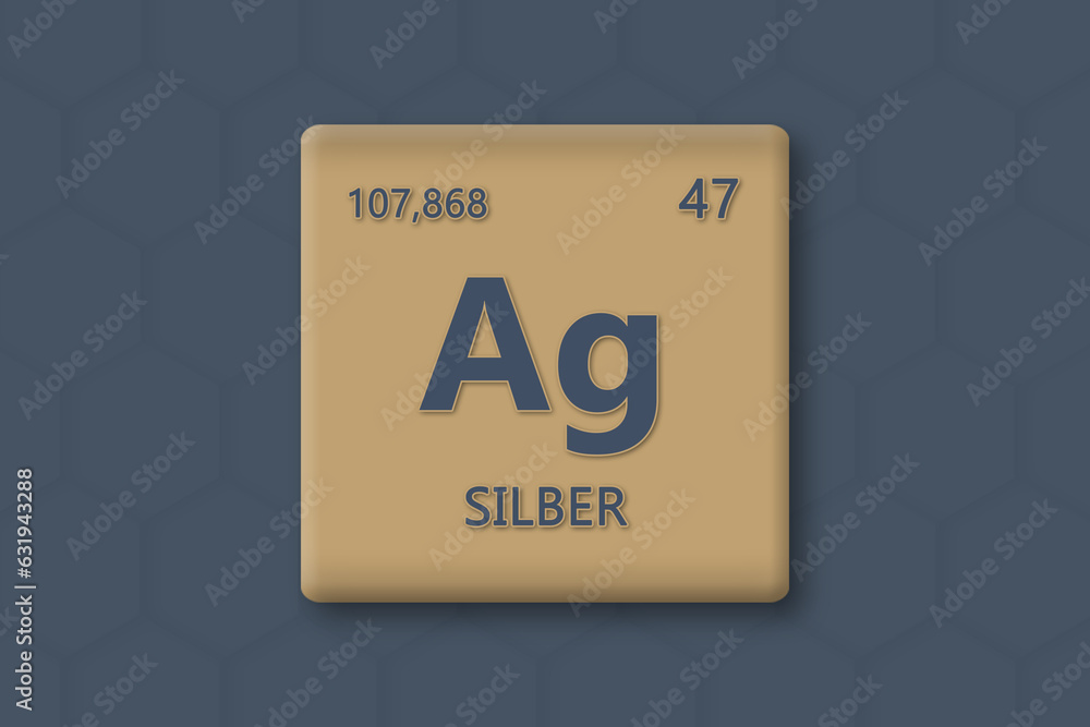 Silber. Abkuerzung: Ag. Chemisches Element des Periodensystems. Blauer Text innerhalb eines goldenen Rechtecks auf blauem Hintergrund. Silber. Abkuerzung: Ag. Chemisches Element des Periodensystems. Blauer Text innerhalb eines goldenen Rechtecks auf blauem Hintergrund.