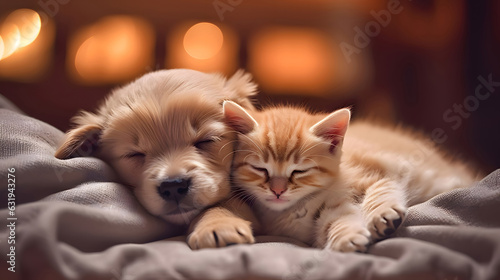 Kitten and puppy taking nap, sleeping