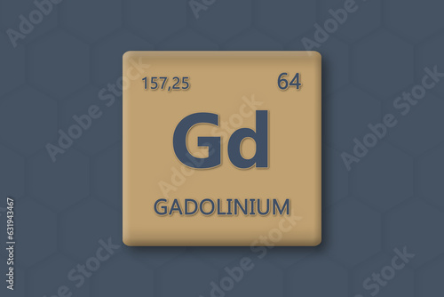 Gadolinium. Abkuerzung: Gd. Chemisches Element des Periodensystems. Blauer Text innerhalb eines goldenen Rechtecks auf blauem Hintergrund.