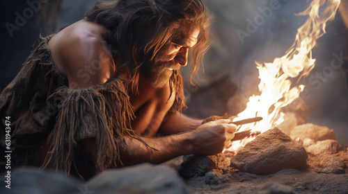 neanderthal - caveman - prehistory - chipped stone - bonfire - hunter - bonfire - rupestrian - Created with Generative AI technology.