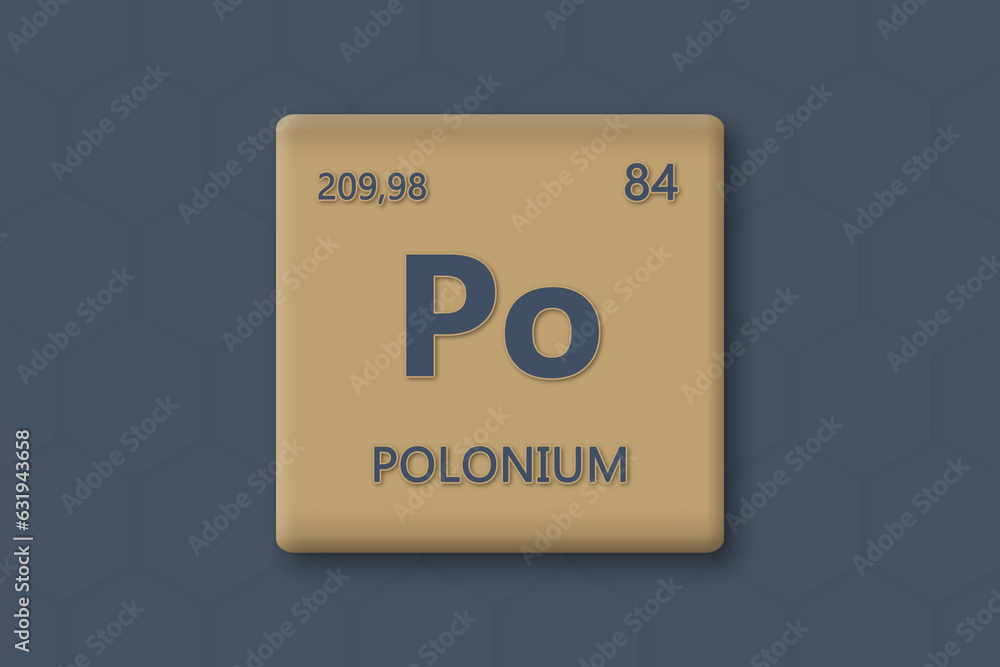Polonium. Abkuerzung: Po. Chemisches Element des Periodensystems. Blauer Text innerhalb eines goldenen Rechtecks auf blauem Hintergrund.