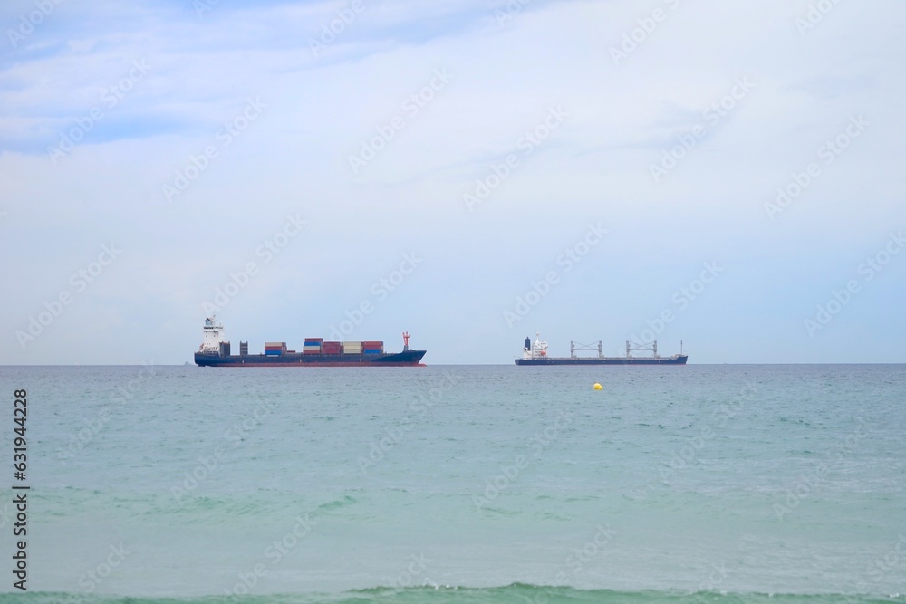container ship and cargo ship in the sea, Mediterranean Sea, Logistic, transport, supply chain, business