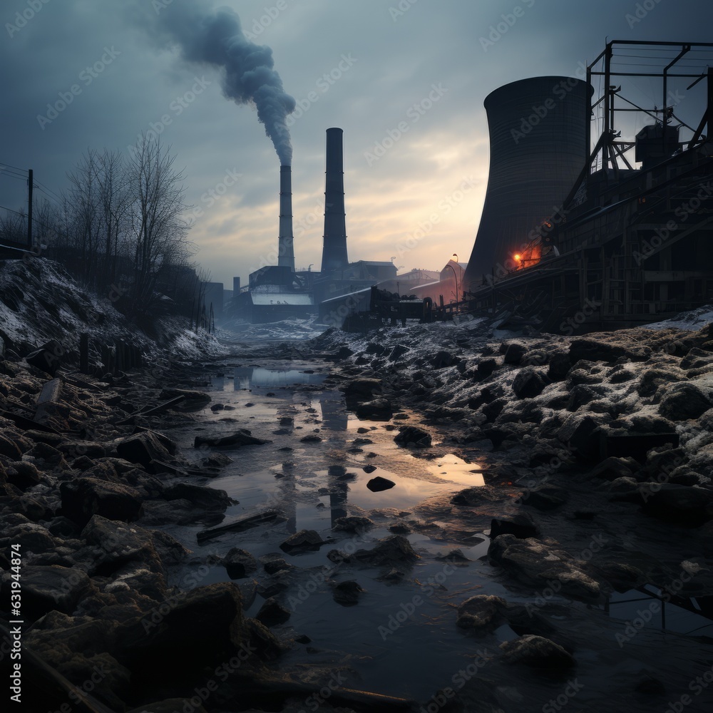 Derelict town near a power station, steam rising, cold and detached atmosphere, generative ai