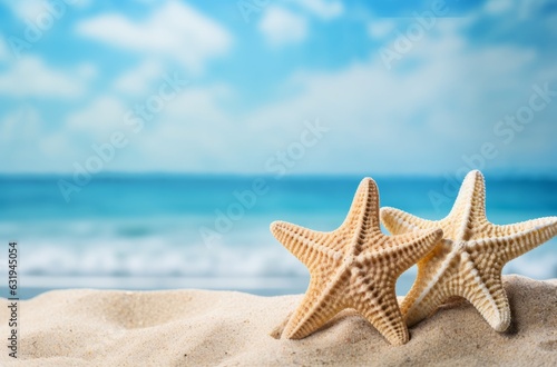 Photo of two starfish on a sandy beach with the ocean in the background