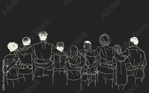 Group of people hugging each other. Black and white vector line art illustration