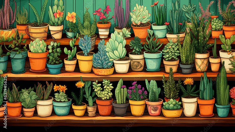 potted plants on a shelf in an artistic composition