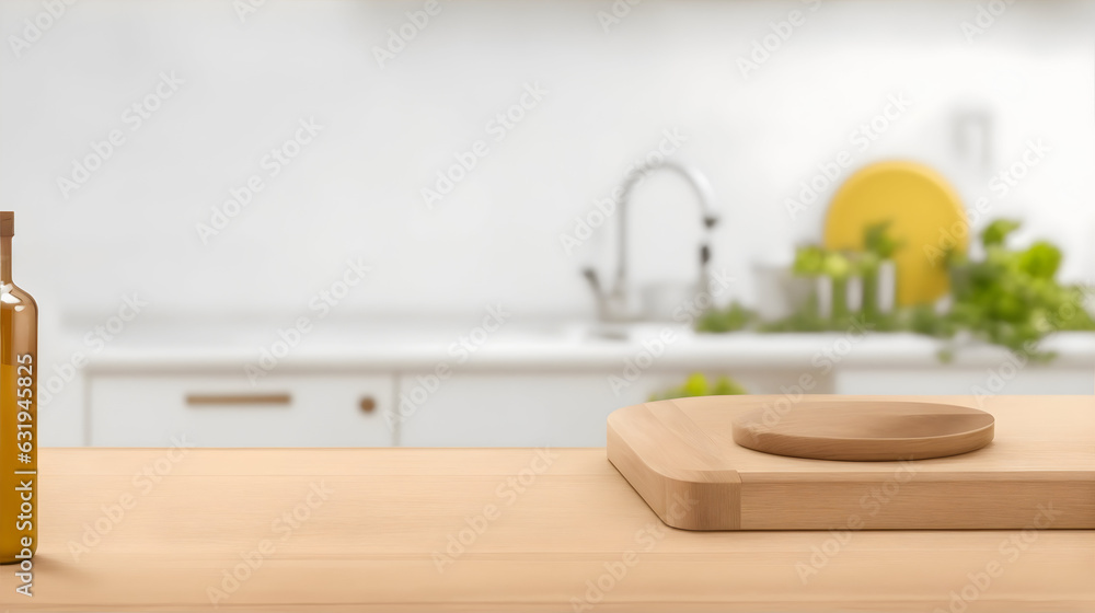 Wooden table with blurred Kitchen background for product display. High Quality Render.