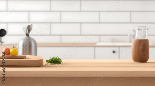 Wooden table with blurred Kitchen background for product display. High Quality Render. © RM Creative