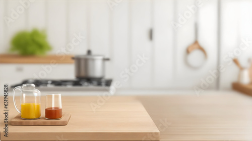 Wooden table with blurred Kitchen background for product display. High Quality Render.