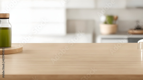 Wooden table with blurred Kitchen background for product display. High Quality Render.