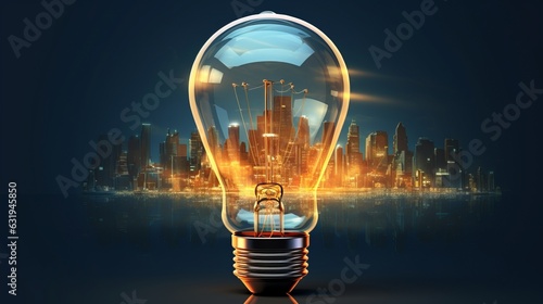 Photo of a cityscape illuminated by a glowing light bulb