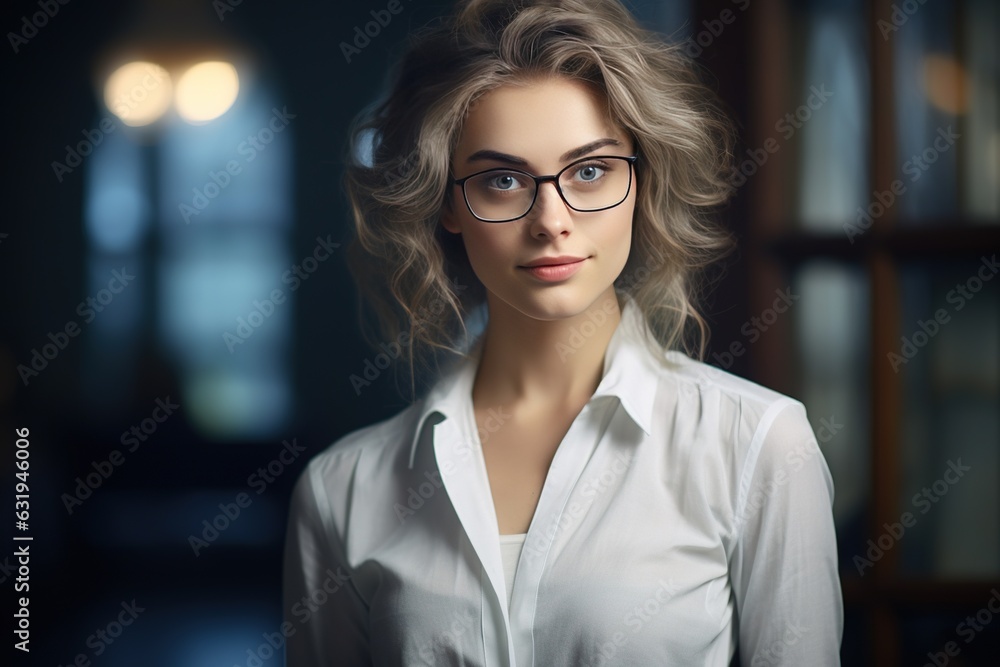 Portrait of smiling stylish young confident businesswoman with glasses standing in office environment, looking at camera. Modern young female business owner, entrepreneur, manager. Generative AI Portrait of smiling stylish young confident businesswoman with glasses standing in office environment, looking at camera. Modern young female business owner, entrepreneur, manager. Generative AI