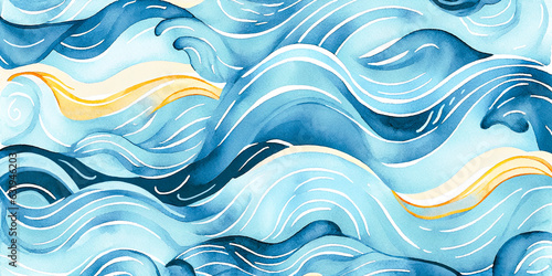 Ocean water wave cartoon fun illustration, copy space for text. Blue yellow calm lake ripples background for pool party, lake camping or beach travel. Web banner backdrop graphic. Hand painted details