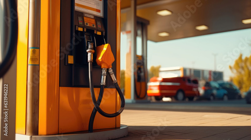 Close-up photo of a gasoline pump at a fuel station on a sunny day