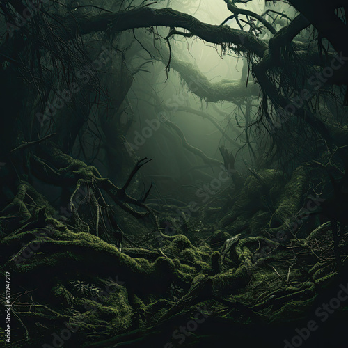 Mystical Haunted Grove: Eerie Enchanted Forest with Lush Vegetation Created with Generative AI