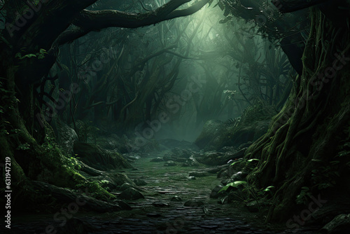 Mystical Haunted Grove: Eerie Enchanted Forest with Lush Vegetation Created with Generative AI