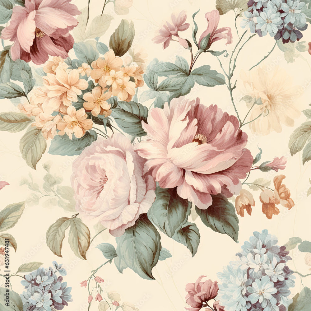 Nostalgic Floral Charms: Vintage Patterns in Soft, Muted Tones Created with Generative AI