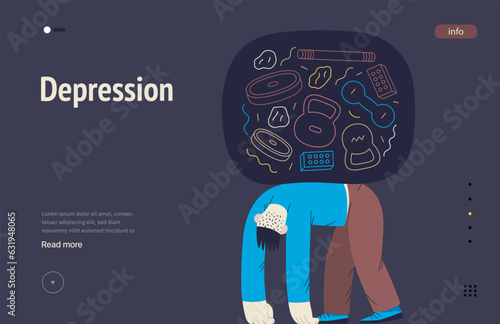 Mental disorders web template. Depression - modern flat vector illustration of tired man suffering under the weight of problems and obligations. People emotional, psychological, mental traumas concept