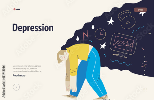 Mental disorders web template. Depression - modern flat vector illustration of tired man suffering under the weight of problems and obligations. People emotional, psychological, mental traumas concept