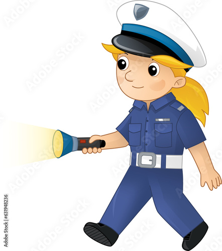 Cartoon character policeman girl at work isolated illustration for children