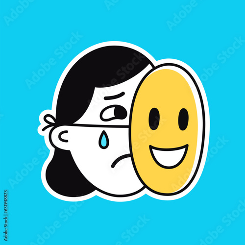 Crying sad woman hiding behind happy mask