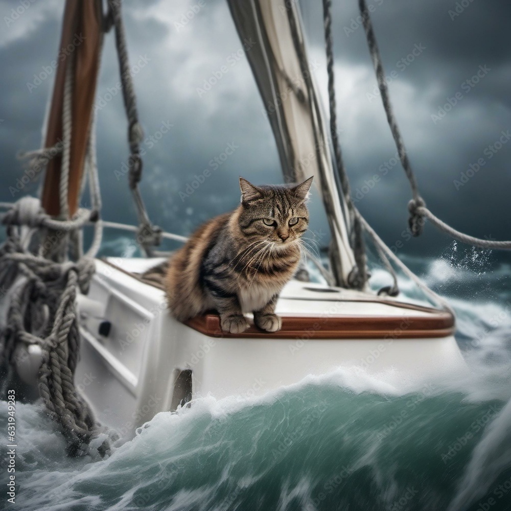 Obraz premium a sailor cat in an adventurer and diver in the middle of the sea
