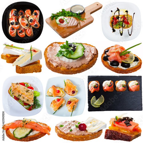 Set of various delicious sandwiches and canapes isolated on white background..