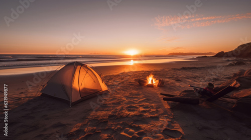 Camping adventure at the beach as the sunset